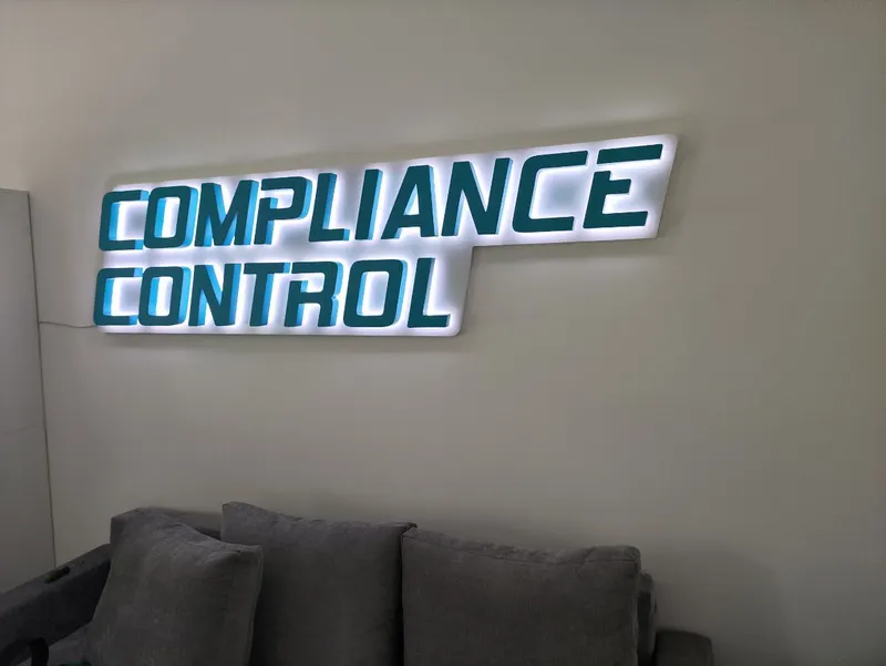 Буквы Compliance Control с подсветкой в офисе — PixelMedia, Алматы